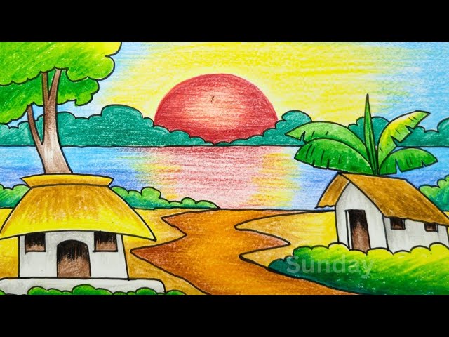 River side Sunset Village scene drawing easy/Sunset drawing/সূর্যাস্তের গ্রামের দৃশ্য আঁকা ও রং করা