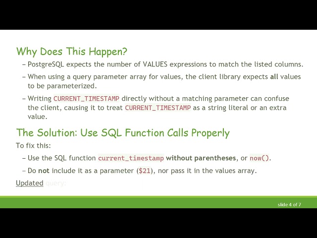 Fixing PostgreSQL INSERT Errors with CURRENT_TIMESTAMP in Node.js