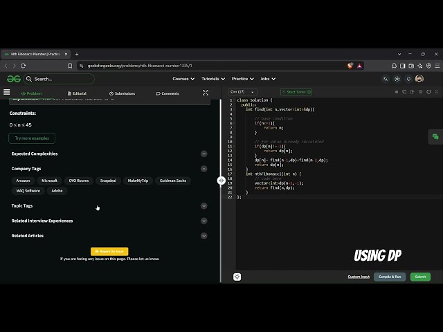 Nth Fibonacci Number | GFG Solution in C++ | DP, Bottom Up and Space Optimisation Explained