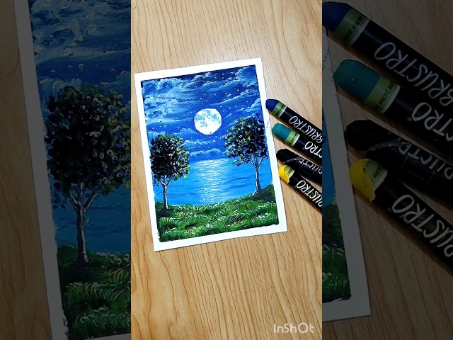 ✨🌠moonlight scenery drawing with oil pastel colour very easy #art #drawing #shorts