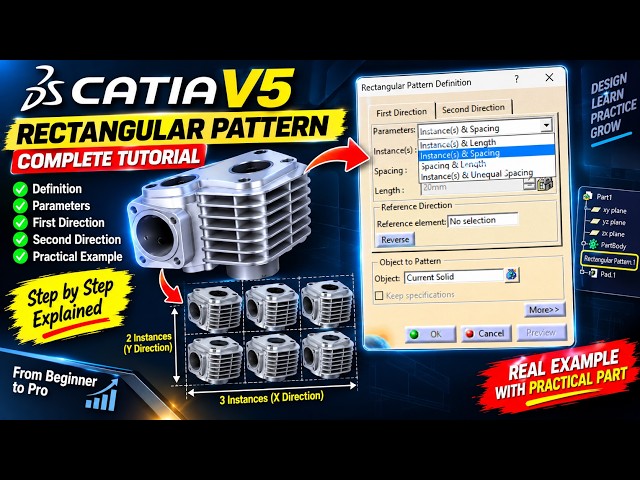 CATIA V5 Rectangular Pattern Tutorial | All Options Explained Step-by-Step | Practical Example