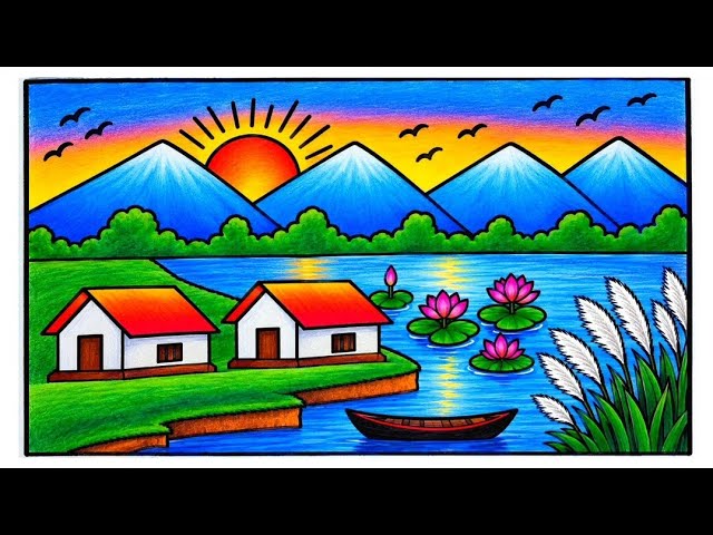 Easy River Scenery drawing | Beautiful Mountain Village Landscape Drawing Step by Step | ছবি আঁকা |