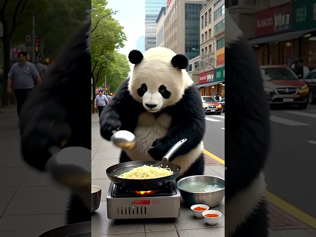 humor panda cooking noodles in street