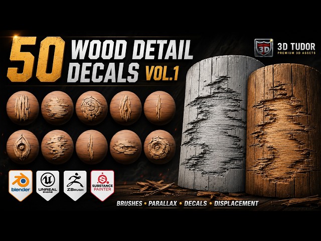 50 Wood Detail Decals for Blender, UE5, ZBrush & Substance