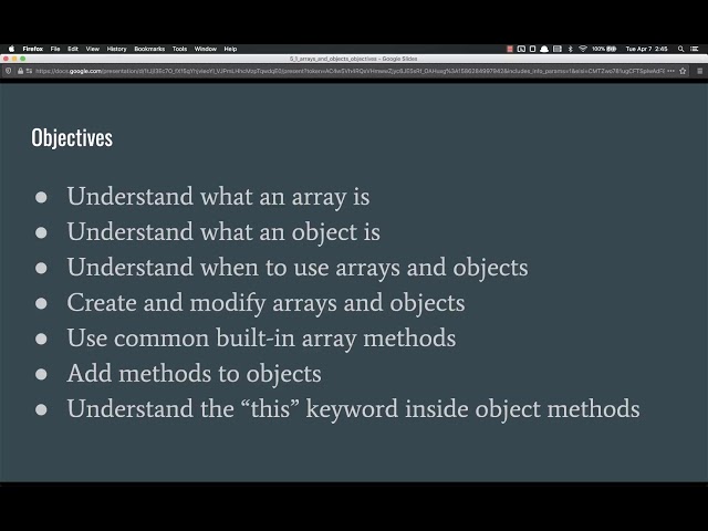 Full Stack Web Developer Course: 5_1 - Arrays & Objects Unit Objectives