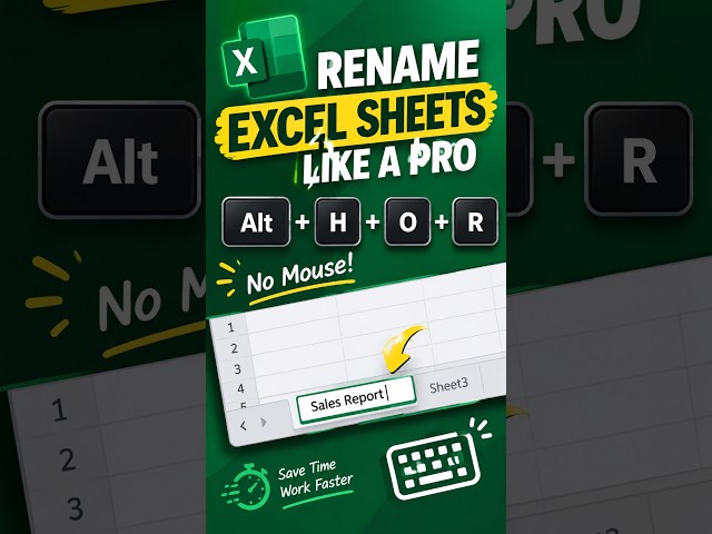 Rename Excel Sheets Like a Pro — Alt + H + O + R Shortcut (No Mouse!)