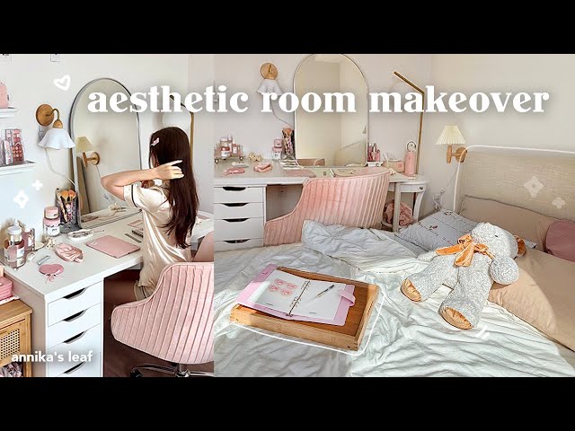 bedroom transformation vlog🎀🧸 aesthetic room makeover, vanity desk setup, cozy pinterest inspired