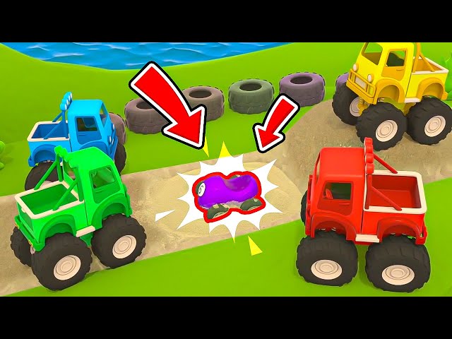 Helper cars help the little car change its wheels to big ones so it can take part in the race.