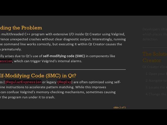 Fixing Valgrind Crashes Caused by Qt's Self-Modifying Code in Qt Creator