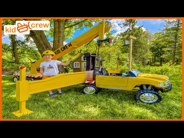 Installing power lines with kids ride on crane truck, utility truck. Educational | Kid Crew