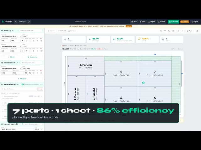 Free Cut List Optimizer — 7 Parts, 1 Sheet, 86% Efficiency in 30 Seconds