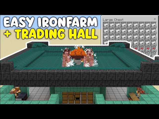 Easiest Ironfarm, Trading Hall, and XP All In One Farm For Minecraft Bedrock