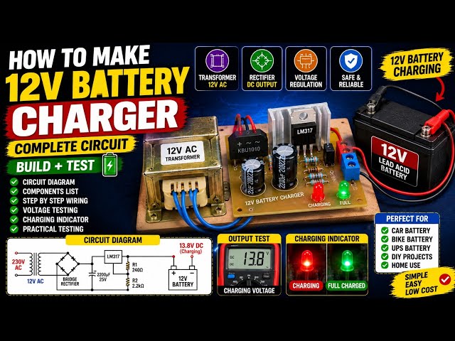 How to Make a 12V Battery Charger | Complete Circuit, Components & Practical Testing