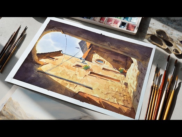 Watercolor Painting - A Quiet Street Beyond the Archway