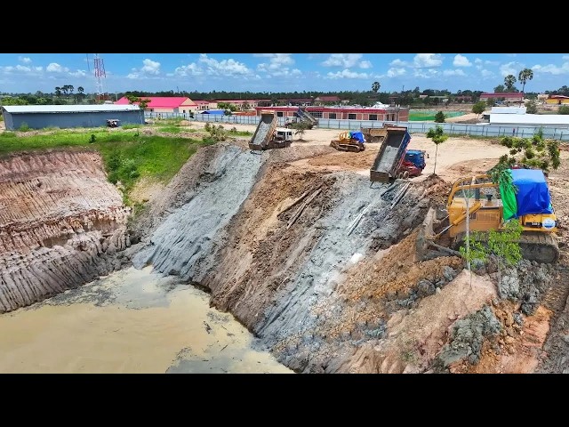 WONDERFUL PROJECT! Building a Long Road in a Big Lake with D60P Dozer & Dirt Soil