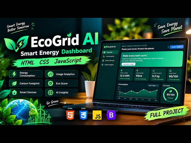 EcoGrid AI 🌱 | Smart Energy Dashboard Using HTML, CSS & JavaScript ⚡ | Web Development Project
