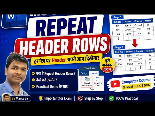 MS Word Repeat Header Rows Explained in Hindi | Repeat Header Row Option | Word Table Tutorial