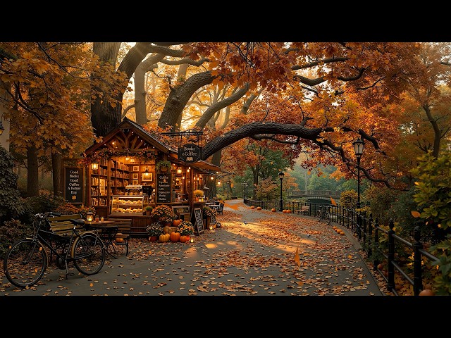 Morning at a Hidden Book Café in the Autumn Park🍂Deep & Warm Jazz, Golden Leaves for a Peaceful Days