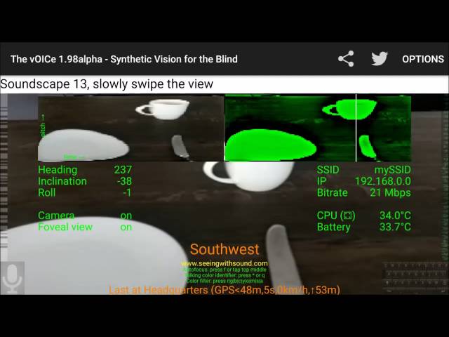 The vOICe for Android sensory substitution demo: plate, cup, fork, knife on table top