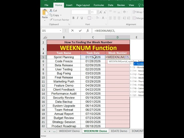 WEEKnum Function in Excel | Find the Day of the Week Easily! 📅 #Excel