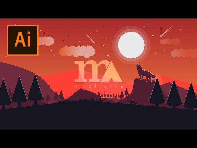 #flatdesign #illustrator #speedart Wolf Sunset Landscape Flat Design Speed Art - Adobe Illustrator