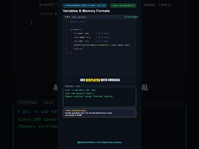 C PROGRAMMING ZERO TO HERO • DAY 2/30 | Variables & Memory Formats 📦 #Shorts