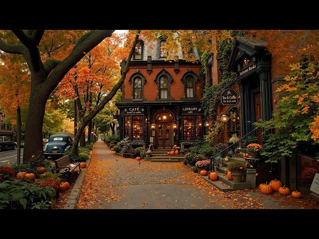 A Quiet Autumn Street to an Old Library Café 🍂 Warm Autumn Jazz, Pumpkins & Books to Ease Your Mind☕