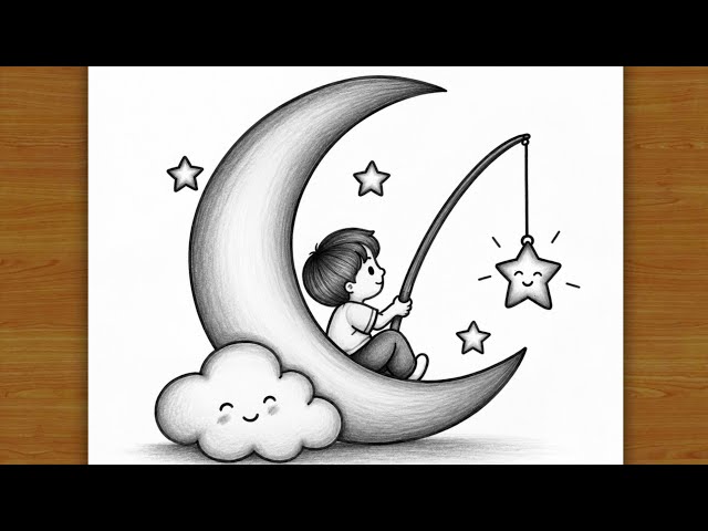 Easy Boy on Moon Drawing 🌙⭐ | Boy Sitting on Moon Drawing | Pencil Sketch | Drawing 