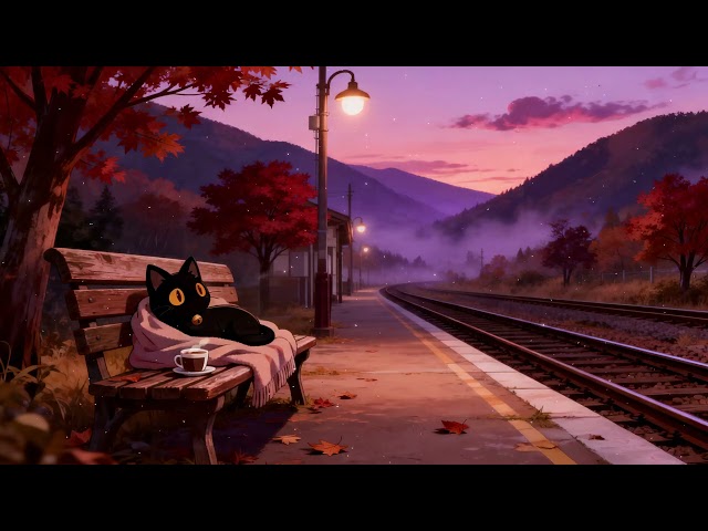 Dreamy Autumn Railway 🌙 Lofi Cat | Deep Sleep Music [Mountain View & Quiet Train Ambience]