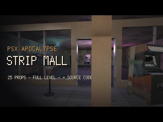 PSX Apocalypse Strip Mall | 3D asset pack: 25 ruined 90s props, full level + source code