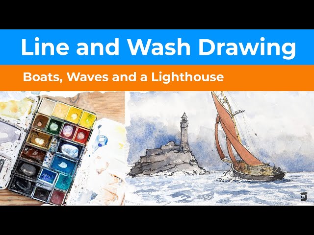 Line & Wash Drawing  with Fude Nib -  Boats, Waves and a Lighthouse