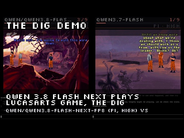 Qwen 3.8 Flash Next vs Qwen 3.7 Flash playing LucasArts game, the Dig