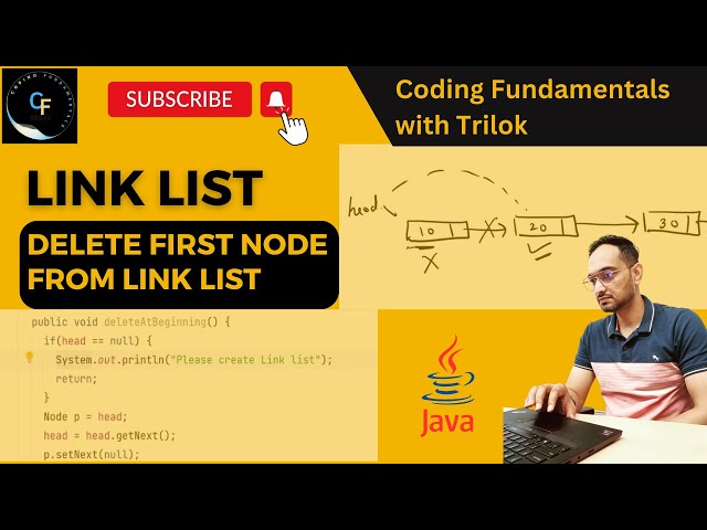 How to Delete first node in the link list || Delete at beginning || Code in Java || In Hindi