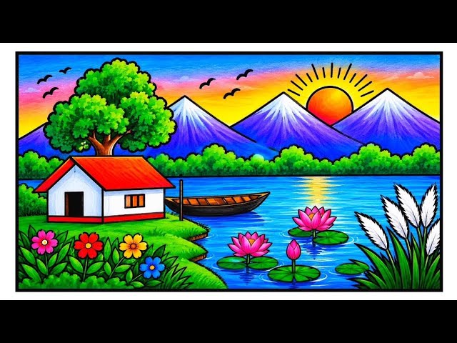 Easy River Scenery drawing | Beautiful Mountain Village Landscape Drawing Step by Step | ছবি আঁকা 