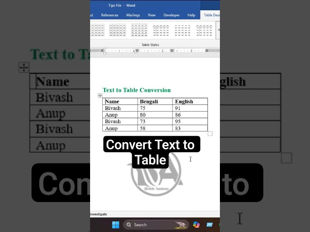MS Word - Text to Table Conversion Shortcut Key ll Bivash Academy