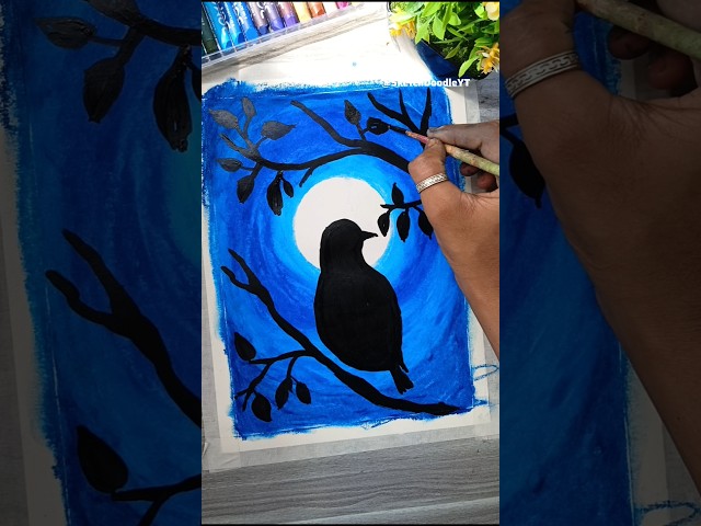 Easy Bird😍 On A Tree Branch Oil Pastel Drawing #shorts