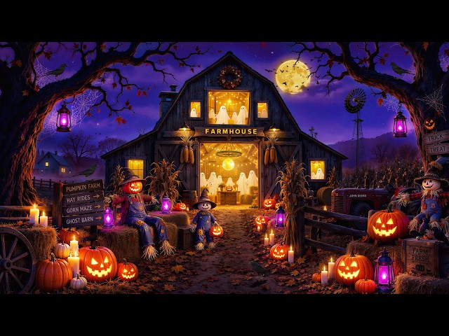 Midnight at a Haunted Farmhouse Ambience🎃Spooky Jazz Music, Pumpkin Glow for a Peaceful Autumn Night