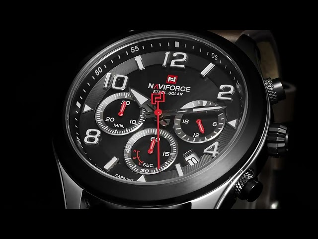 Naviforce Men’s Force+ Sapphire Crystal Solar Powered Chronograph Watch – Leather Strap