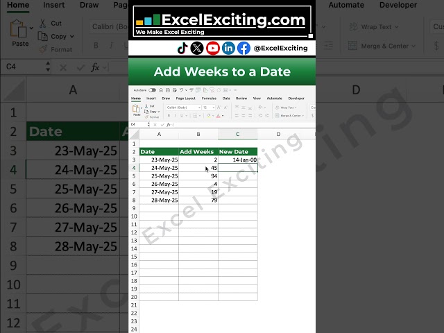 Excel Trick# 23 - How to Add Weeks in Excel Like a Pro! #shorts #excel #excelexciting