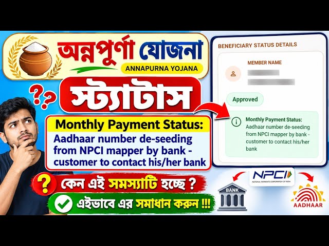 Annapurna Yojana Monthly Payment Status:Aadhaar number de-seeding from NPCI mapper by bank-customer