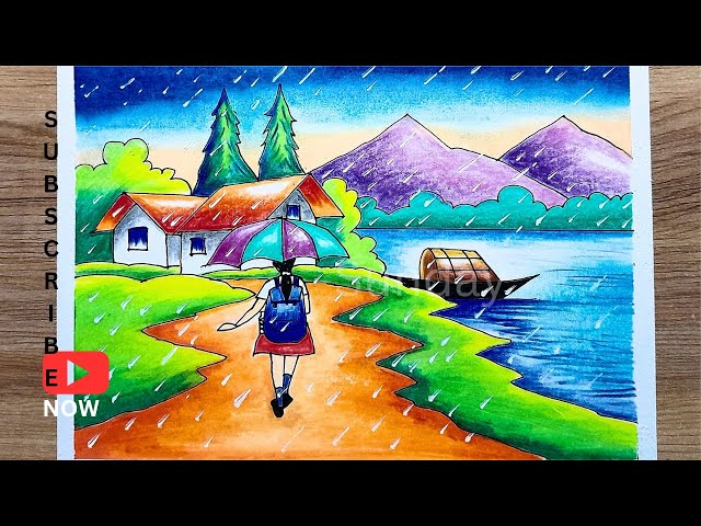 বর্ষাকালের দৃশ্য ড্রয়িং/a rainy day subject drawing/rainy season drawing & colour/বর্ষাকাল ড্রয়িং