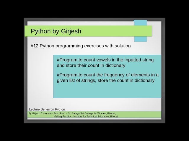 Q.47 and Q.48 Python - Solved Practice Exercises - for loop to count frequency of vowels/words