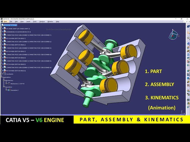 CATIA | V6 Engine | Part Design | Assembly | Kinematics animation| Tutorial for beginners
