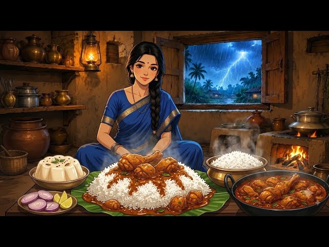 1990s Rainy Indian Village Life 🌧️ | Chicken Curry, Homemade Junnu & Family Time | Ghibli Style ASMR