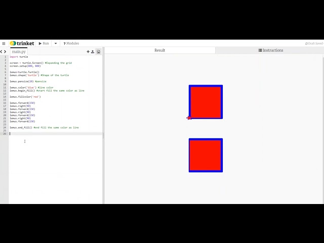 Trinket Python Turtle Lesson:  Outlined Color Filled Shapes