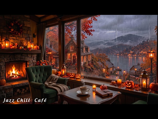 Rainy Window Café ☕🌧️ A Cozy Retreat with Relaxing Jazz & Fireplace Ambience for Peaceful Moment🍂🎃