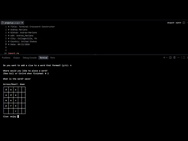 CS50 Terminal Crossword Constructor