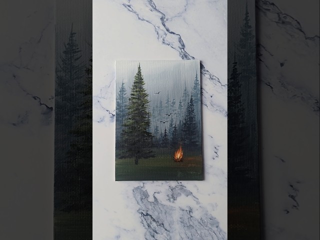 🌲🤍 forest campfire landscape painting / acrylic painting idea for beginners ✨️