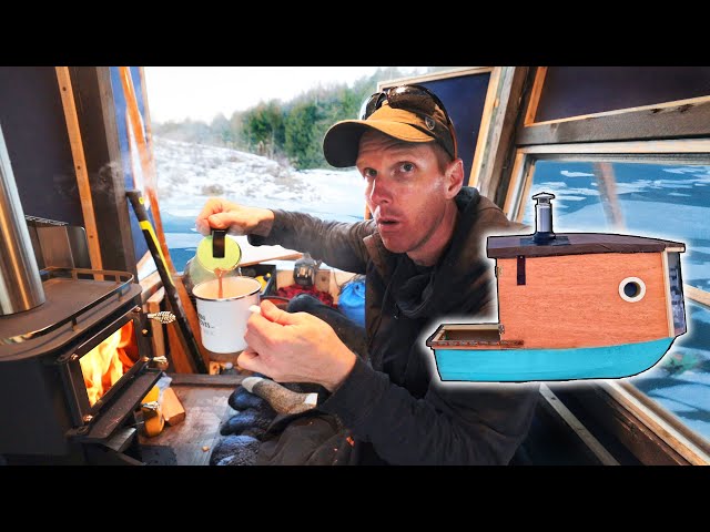 Solo Overnight in 10 sq. ft. MICRO HOUSEBOAT (bad idea!) - Wood Stove, Ice Breaking, Cooking