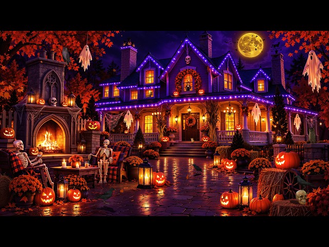 Spooky Halloween Jazz & Fireplace Sounds🎃 A Cozy Fall Night at a Haunted House Beneath the Full Moon